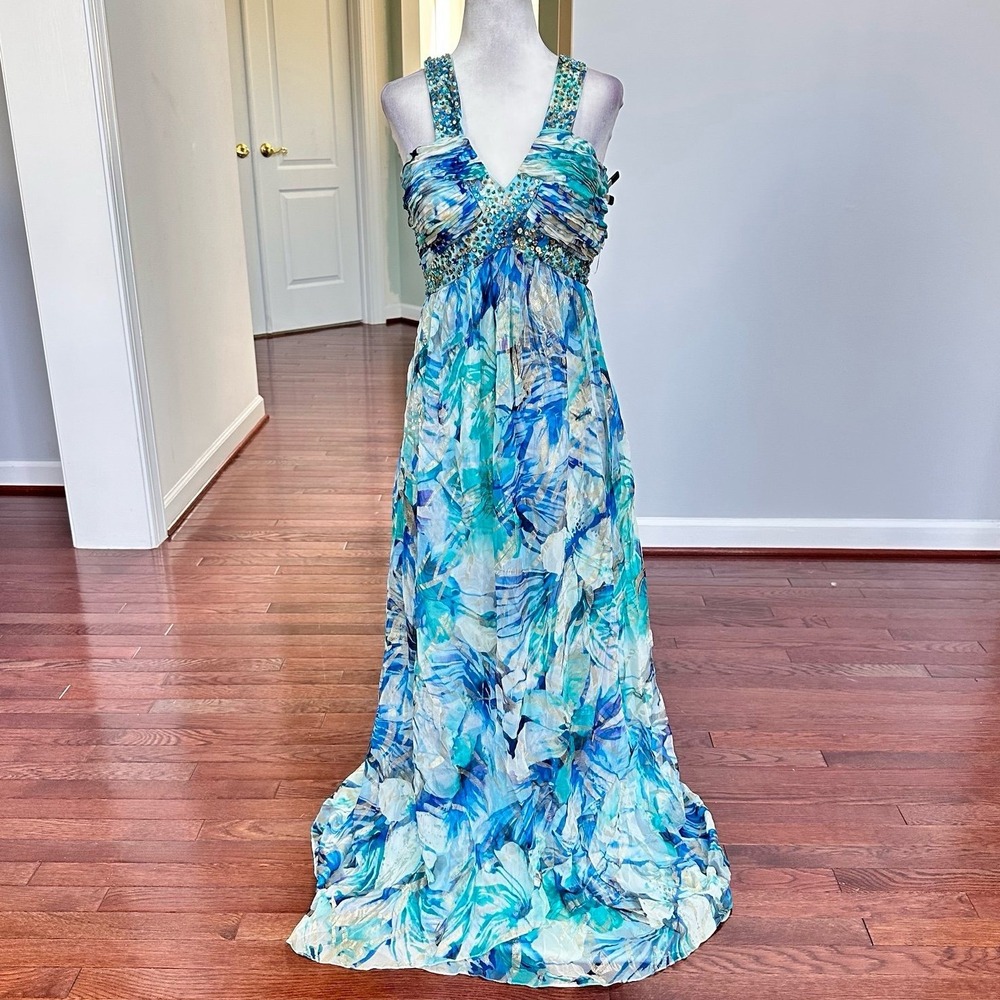 Cache Silk Beaded Embellised Summer Floral Blue White Gold Gown Dress Size 0